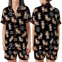 Cow Lovers' Whimsical Brown Tan Cows Red Bows Sassy White Text Black Seamless Pattern Satin Short-Sleeve Pajamas Set
