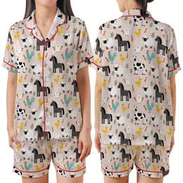Whimsical Farm Life Admirers Light Pink Flat Art Farm Animal Pattern: Stylized Horses, Cows, Sheep, Rabbits, Roosters, Ducks Satin Short-Sleeve Pajamas Set