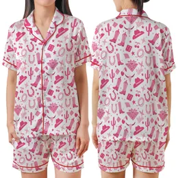 Pink Western Enthusiasts' Playful Pink & Hot Pink Cowgirl Boot Cactus Star Pattern Satin Short-Sleeve Pajamas Set
