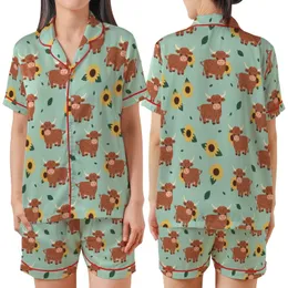 Whimsical Animal Lovers' Pastel Mint Green Highland Cow Golden Sunflower Rustic Repeat Design Satin Short-Sleeve Pajamas Set