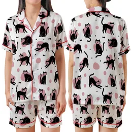 Cat Lovers' Whimsical Black Cat Pink Blob Polka Dot Seamless White Pattern Satin Short-Sleeve Pajamas Set