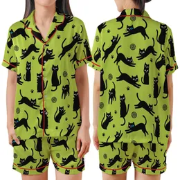 Cat Lovers' Vibrant Lime Green Playful Black Cat Silhouettes Flat Cartoon Pattern with Blue Eye Accent Satin Short-Sleeve Pajamas Set