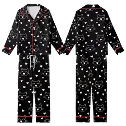 Cat Lovers' High-Contrast Black & White Stylized Minimalist Cat Face & Heart Pattern Kid Satin Pajamas Set