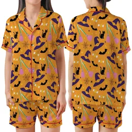 Halloween Lovers' Vibrant Pumpkin Orange Whimsical Pattern with Purple Witch Hats, Pink Brooms, Black Bats, Spiders, Cats & Gold Moons Satin Short-Sleeve Pajamas Set