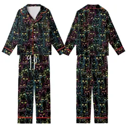 Black Cat Lovers' Neon Pop Whimsical Black Cat Seamless Pattern Electric Blue Pink Yellow Green White Outlines Kid Satin Pajamas Set