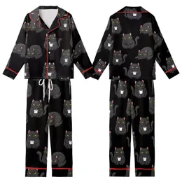 Cat Lovers' Cute Cartoon Grumpy Black Cats All-Over Pattern Golden Yellow Eyes White Mugs Kid Satin Pajamas Set