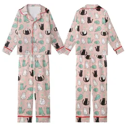 Cat Lovers' Whimsical Blush Pink Pattern with Playful Teal White Black Grey Cartoon Cats, Yarn, Paw Prints Kid Satin Pajamas Set