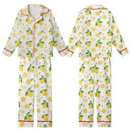 Women's Hand-Drawn Whimsical Lemon Pattern Bright Yellow Bows Green Leaves White Kid Satin Pajamas Set