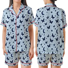 Dreamers' Whimsical Pastel Sky Blue Dark Navy Butterfly Crescent Moon Star Celestial Dust Pattern Satin Short-Sleeve Pajamas Set