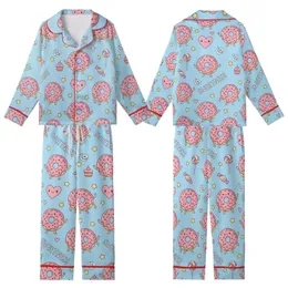 Sweet Treat Lovers' Pastel Sky Blue Kawaii Donut & Pink Heart Seamless Pattern with Happy Faces & Sprinkles Kid Satin Pajamas Set