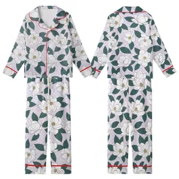 Women's Illustrative White Magnolia Deep Teal Green Leaves Pale Lavender Diagonal Stripe Botanical Pattern Kid Satin Pajamas Set