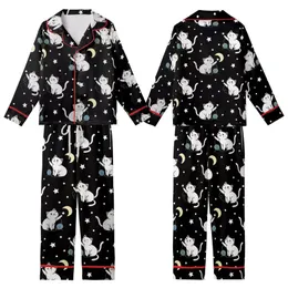 Cat Lovers' Whimsical Illustrative White & Grey Cats Starry Black Pattern, Pale Yellow Moons & Pastel Yarn Kid Satin Pajamas Set