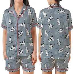 Cat Lovers' Seamless Muted Blue-Grey Hand-Drawn White & Black Cartoon Cats Playful Poses 'Meow' Flat Pattern Satin Short-Sleeve Pajamas Set