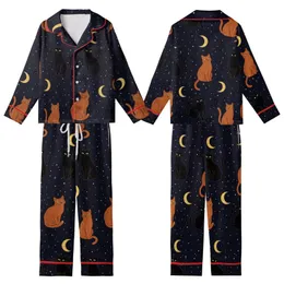 Cat Lovers' Whimsical Cosmic Night Sky Cats Seamless Pattern, Midnight Blue-Black with Golden Moons, White Stars, Black & Ginger Felines Kid Satin Pajamas Set