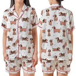 Dachshund Lovers' Whimsical Salmon Pink Light Brown Striped Dachshund Line Art Playful Pattern Satin Short-Sleeve Pajamas Set