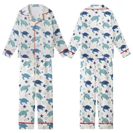 Ocean Lovers' Whimsical Cerulean Teal Navy Blue Sea Turtle Repeating Marine Life Pattern with Starfish Shells Coral Kid Satin Pajamas Set