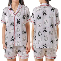Whimsical Animal Lovers' Pastel Lavender Pink Scattered Cartoon Cats Pandas with Tiny Hearts Paw Prints Satin Short-Sleeve Pajamas Set