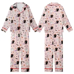 Cute Halloween Lovers' Pastel Pink Whimsical Black Cat Ghost Bat Lavender Orange Star Pattern Kid Satin Pajamas Set