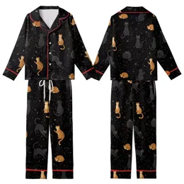Cat Lovers' Seamless Cosmic Cat Pattern with Stargazing Black & Ginger Felines, Muted Gold Stars on Deep Black Kid Satin Pajamas Set