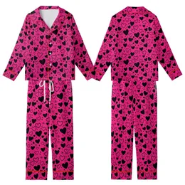 Expressive Individuals' Vibrant Magenta-Pink Dense Black Hearts Playful Graphic Pattern Kid Satin Pajamas Set