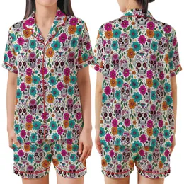 Women's Vibrant Sugar Skull Floral Pattern White Background Fuchsia Teal Orange Satin Short-Sleeve Pajamas Set