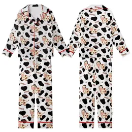 Whimsical Style Lovers' Black White Cow Spot Pattern with Cute Flat Cartoon Cows and Playful Brown "Moo" Text Kid Satin Pajamas Set