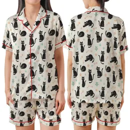 Cat Lover Black Cats Posing Light Peach Bows Teal Collars Fish Bones Paw Prints Cream Pattern Satin Short-Sleeve Pajamas Set