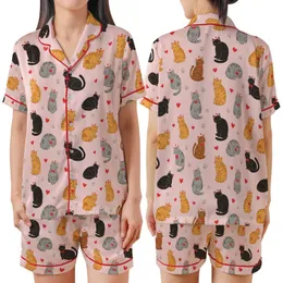 Cat Lovers' Charming Light Pink Feline Pattern Diverse Cats Red Hearts & Taupe Paw Prints Satin Short-Sleeve Pajamas Set