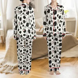 Whimsical Style Lovers' Cream Black Blush Pink Cow Print with Playful Cartoon Cows and Sweet Milk Lettering Satin Pajamas Set
