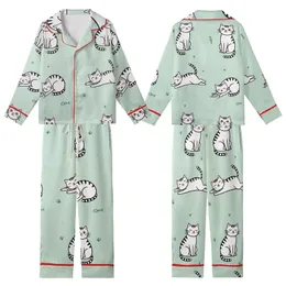 Cat Lovers' Whimsical Hand-Drawn White Cartoon Cats Light Mint Green Pattern Fish Bones Paw Prints Kid Satin Pajamas Set