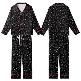 Cat Lovers' Minimalist White Outline Playful Cats Paw Prints Black Pattern Kid Satin Pajamas Set