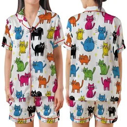 Cat Lovers' Whimsical Hand-Drawn Doodle Abstract Cats Pattern with Vibrant Multi-Color Crayon Style Satin Short-Sleeve Pajamas Set