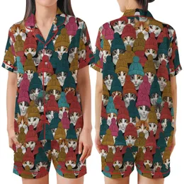 Cat Lovers' Densely Packed Multi-Color Beanie Cat Faces Detailed Knit Pattern Satin Short-Sleeve Pajamas Set