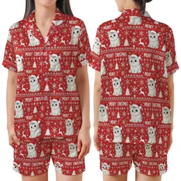 Holiday Cat Lovers' Cheerful Red Fair Isle Kitten Santa Hat Snowflake Reindeer Pattern Satin Short-Sleeve Pajamas Set