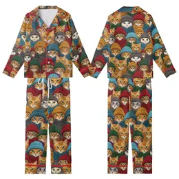 Cat Lovers' Intricate Realistic Cat Portraits with Emerald, Blue, Amber Eyes in Vibrant Knitted Wear Pattern Kid Satin Pajamas Set