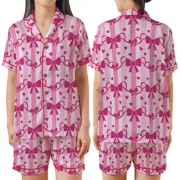 Women's Sweet Pastel Pink Candy Stripe Fuchsia Bows Ribbon & Heart Flat Art Satin Short-Sleeve Pajamas Set