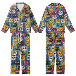 Cat Lovers' Playful Multi-Color Cartoon Cat Faces Block Mosaic with Teal Pink Purple Yellow Graffiti Accents Kid Satin Pajamas Set