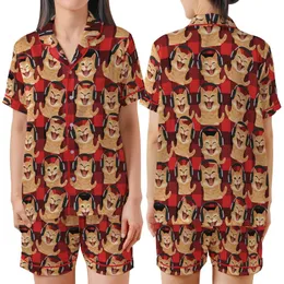 Cat Lovers & Music Fans Excited Photorealistic Ginger Cats Laughing Singing Headphones Red Black Buffalo Plaid Repeat Satin Short-Sleeve Pajamas Set