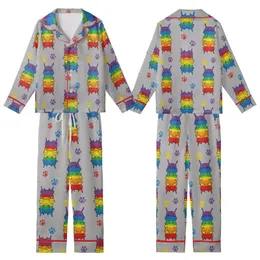Cat Lovers' Whimsical Rainbow Stacked Cartoon Cats Distressed Paw Print Art Kid Satin Pajamas Set