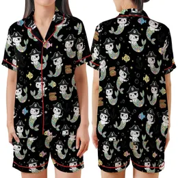 Cat Lover's Cute Pirate Mermaid Cats Pastel Rainbow Nautical Treasure Pattern Black Background Satin Short-Sleeve Pajamas Set
