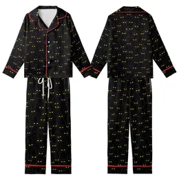 Cat Lovers' All-Over Stylized Black Cat Crowd Pattern with Vibrant Yellow Eyes Flat Art Kid Satin Pajamas Set