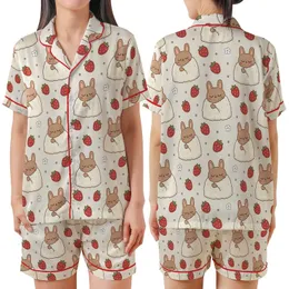 Women's Kawaii Brown Bunny Red Strawberry Cream Blanket Scattered Pattern Satin Short-Sleeve Pajamas Set