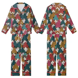 Cat Lovers' Densely Packed Multi-Color Beanie Cat Faces Detailed Knit Pattern Kid Satin Pajamas Set