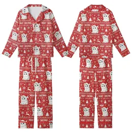 Holiday Cat Lovers' Cheerful Red Fair Isle Kitten Santa Hat Snowflake Reindeer Pattern Kid Satin Pajamas Set