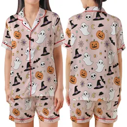Youth & Girls' Whimsical Light Pink Cartoon Halloween Ghosts, Jack-o'-Lanterns, Witch Hats, Stars Satin Short-Sleeve Pajamas Set