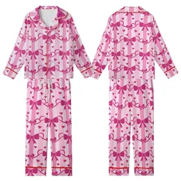 Women's Sweet Pastel Pink Candy Stripe Fuchsia Bows Ribbon & Heart Flat Art Kid Satin Pajamas Set