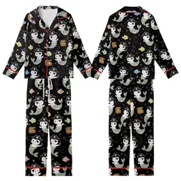 Cat Lover's Cute Pirate Mermaid Cats Pastel Rainbow Nautical Treasure Pattern Black Background Kid Satin Pajamas Set