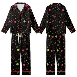 Energetic Style Seekers' High-Contrast Neon Lime Pink Orange Yellow Geometric Circles Stars Pattern Kid Satin Pajamas Set