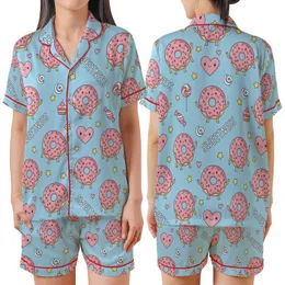 Sweet Treat Lovers' Pastel Sky Blue Kawaii Donut & Pink Heart Seamless Pattern with Happy Faces & Sprinkles Satin Short-Sleeve Pajamas Set