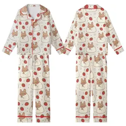 Women's Kawaii Brown Bunny Red Strawberry Cream Blanket Scattered Pattern Kid Satin Pajamas Set